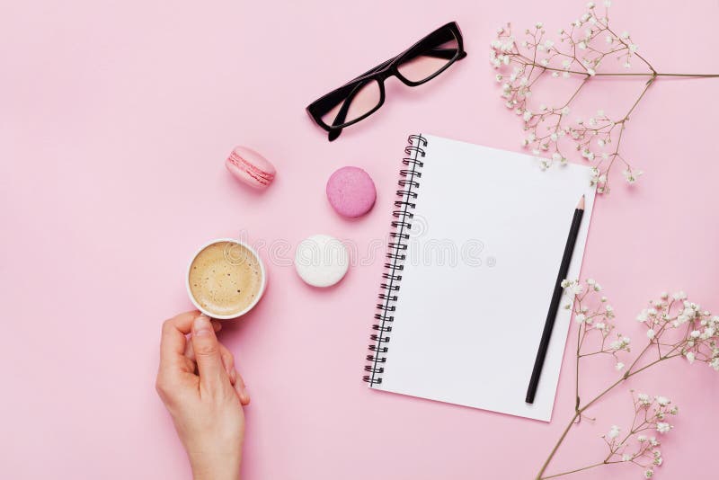 Donna di tenere in mano una tazza di caffè, torta di macaron, pulito notebook, occhiali e il fiore rosa tabella di cui sopra.