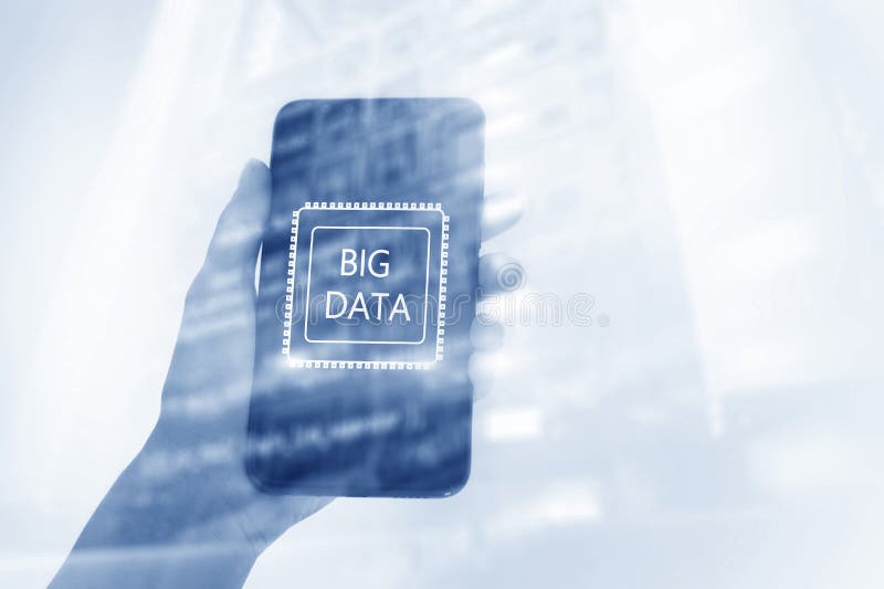 Woman Hand holding mobile phone. Server room background. Inscription on a virtual screen: Big Data. Double exposure stock photos Woman Hand holding mobile phone. Server room background. Inscription on a virtual screen: Big Data. Double exposure stock photos
