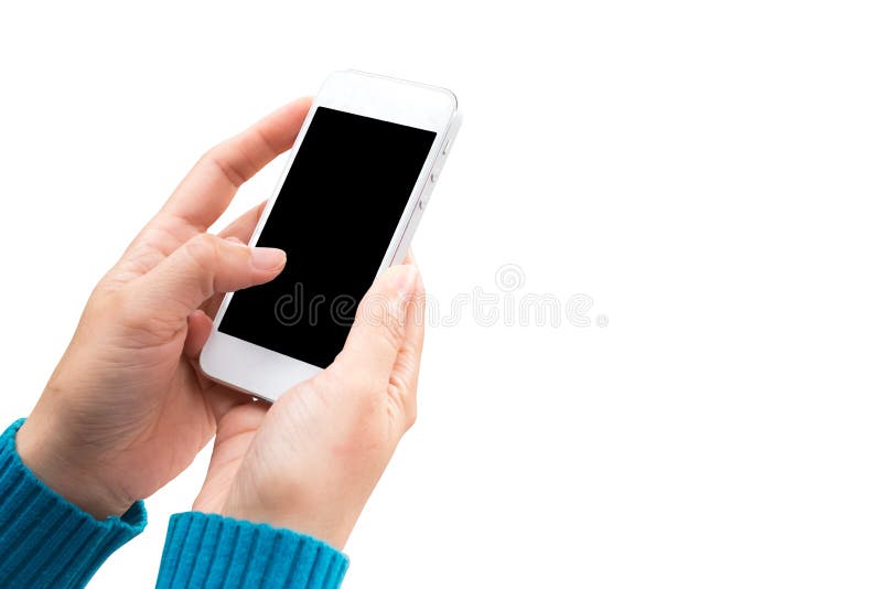 Woman hand holding and using mobile,cell phone,smart phone with isolated screen. stock photography