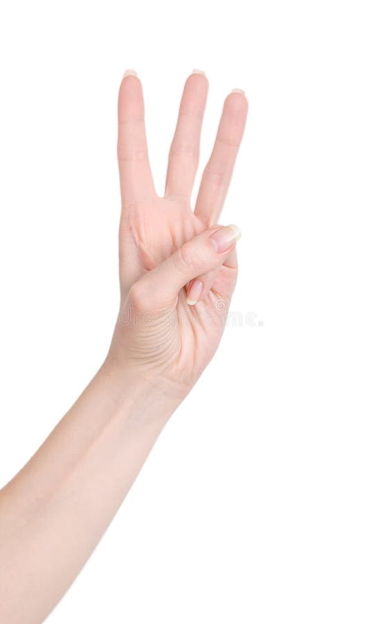 Woman hand on Isolated white background. Alpha. Three fingers. 3