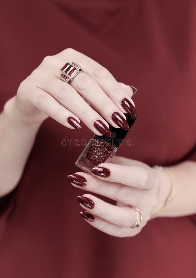 Deep Red Nails with Gold Flakes | Deep red nails, Gold nails, Wine nails