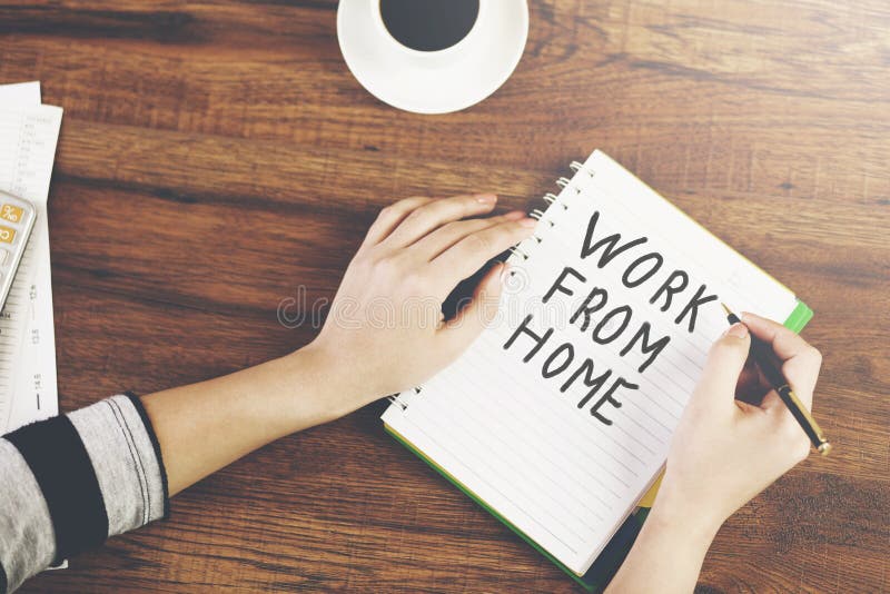 Woman hand notebook written work from home text stock photos