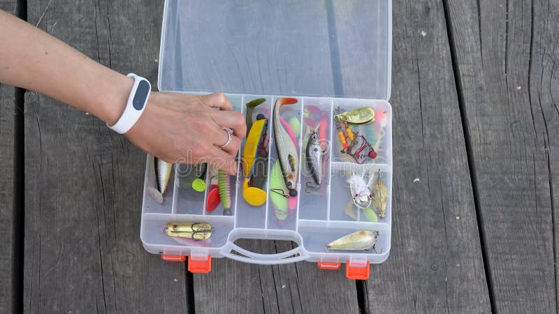 Woman Hand Open Large Fisherman S Tackle Box Takes One Bait and