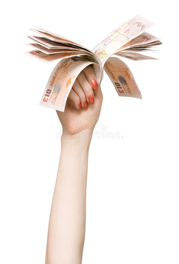 Woman hand with pounds. Isolated on white.
