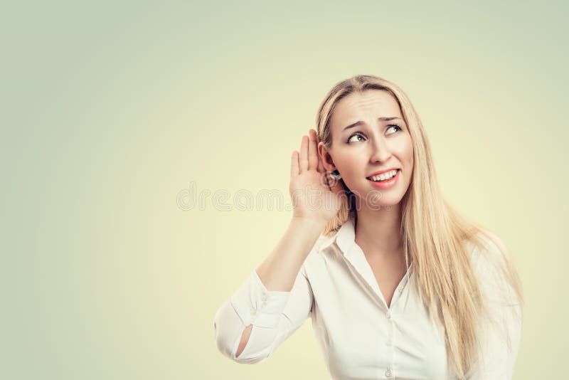 Surprised Nosy Woman Hand To Ear Gesture Secretly Listening Juicy