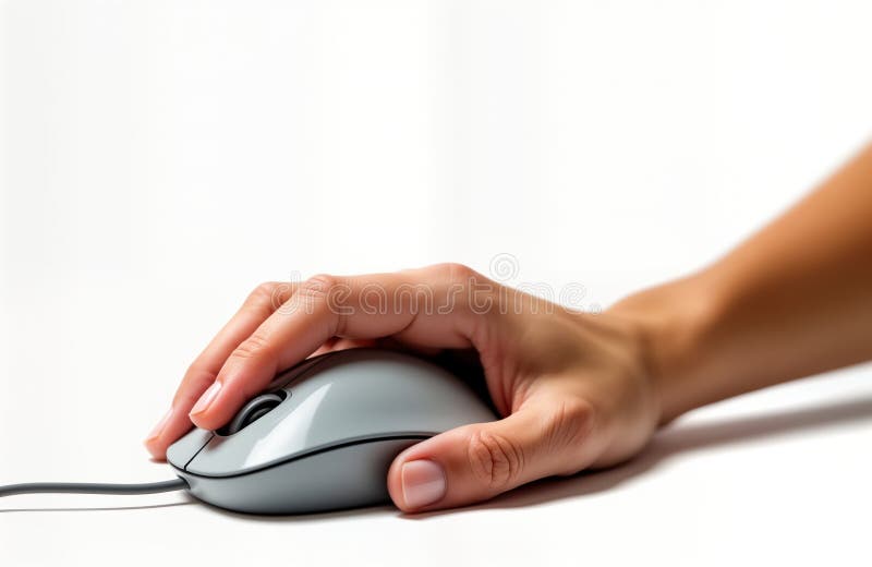 Woman hand uses gray computer mouse. Hand clicks modern tech device. Person works with tech equipment. Close-up photo of input stock illustration