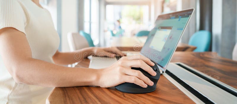 Woman Hand Using Computer Ergonomic Mouse, Prevention Wrist Pain