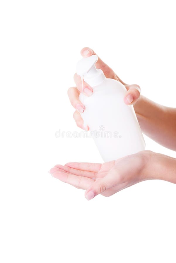 Woman hand washing her hands with soap stock photo