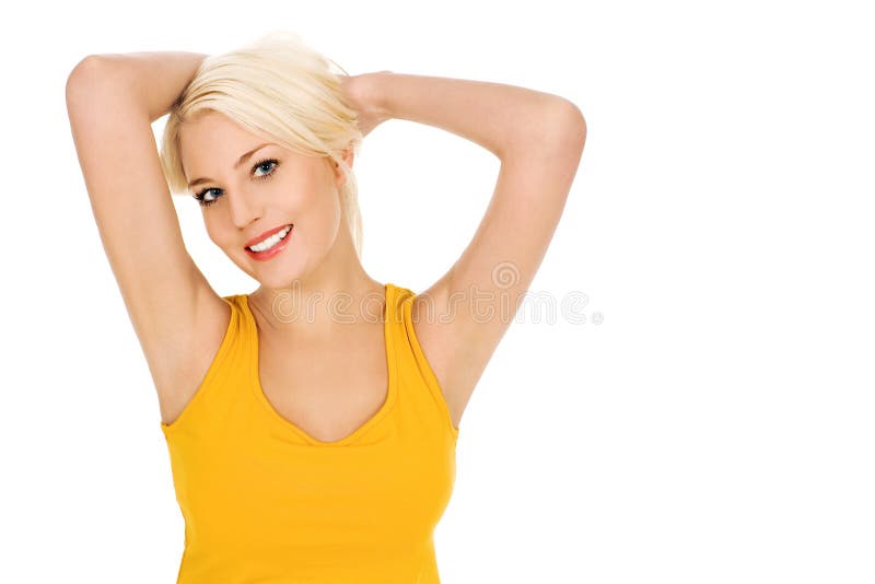 Woman with Hands Behind Head Stock Image Image of hands, energy 7910171