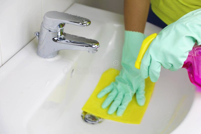 Woman Hands Cleaning Sink with Spray and Sponge Stock Image Image of