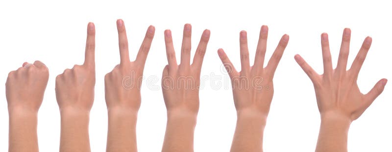 Set of front woman hands counting from zero to five (isolated on white background)