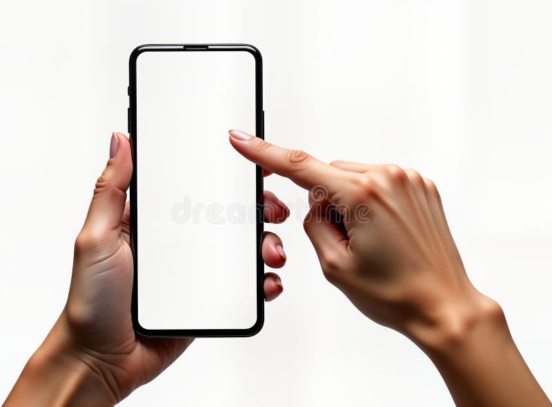 Woman hands hold modern smartphone. Phone screen blank. Hands positioned to touch screen. Tech mockup ideal for app developers. Users imagine app interface concept. Photo blank screen. AI generated