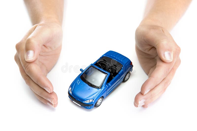 Woman hands holding blue car isolated on white