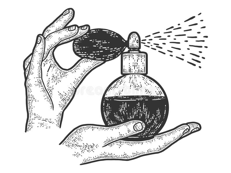 Woman hands holding a vintage perfume bottle with atomizer. Sketch scratch board imitation. Black and white. Engraving vector illustration.