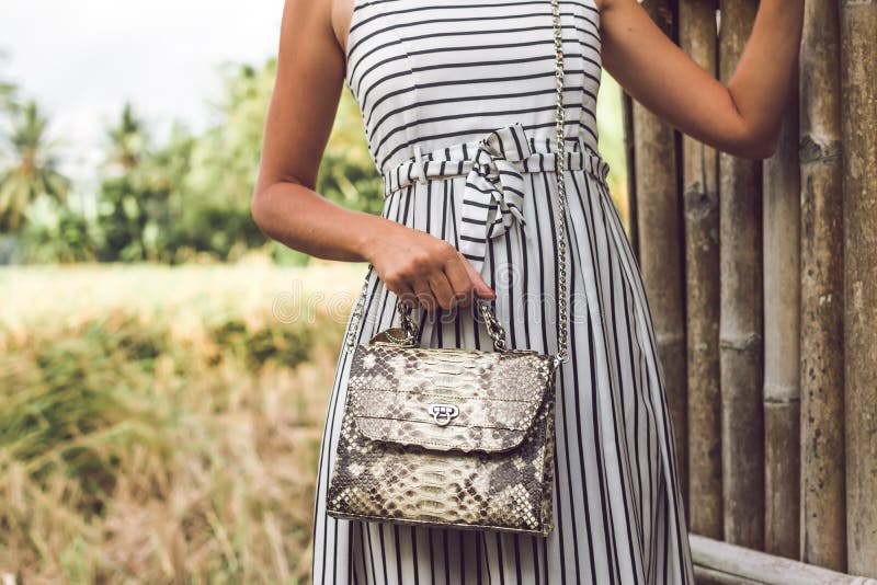 Woman hands with luxury handmade snakeskin leather handbag. Python snake fashionable handbag. Outdoors, Bali island. royalty free stock photo Woman hands with luxury handmade snakeskin leather handbag. Python snake fashionable handbag. Outdoors, Bali island. royalty free stock photo
