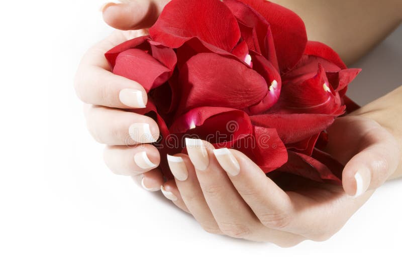 La donna le mani con il rosso e petali di rosa.