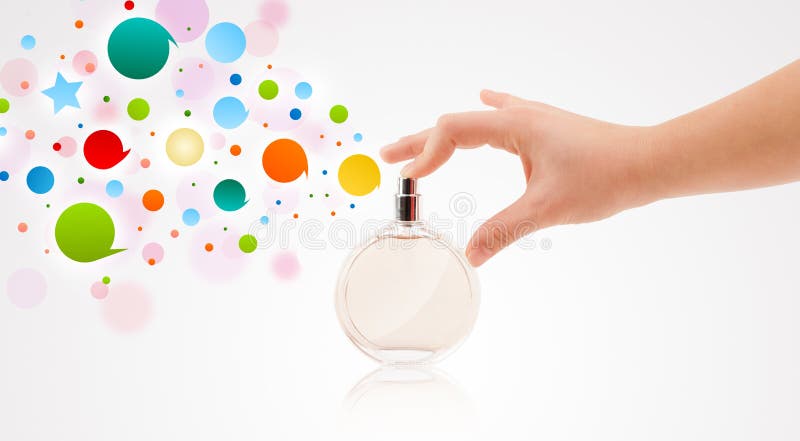 Woman Hands Spraying Colorful Bubbles from Beautiful Perfume Bottle ...