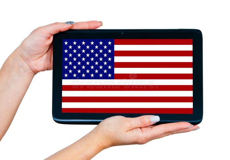 Woman hands holding tablet with usa flag on the screen. Woman hands holding tablet with usa flag on the screen