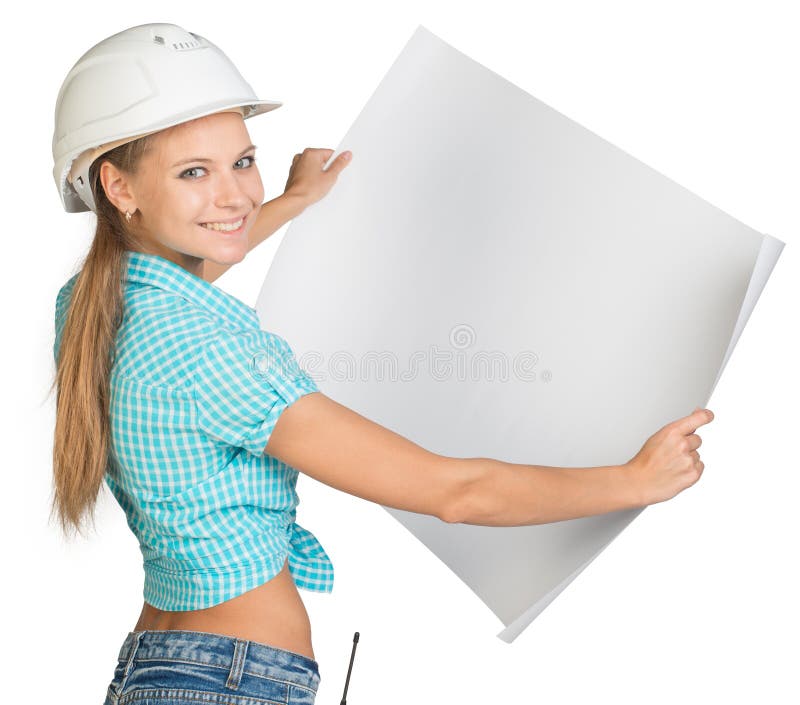 Woman in hard hat showing blank sheet of drawing