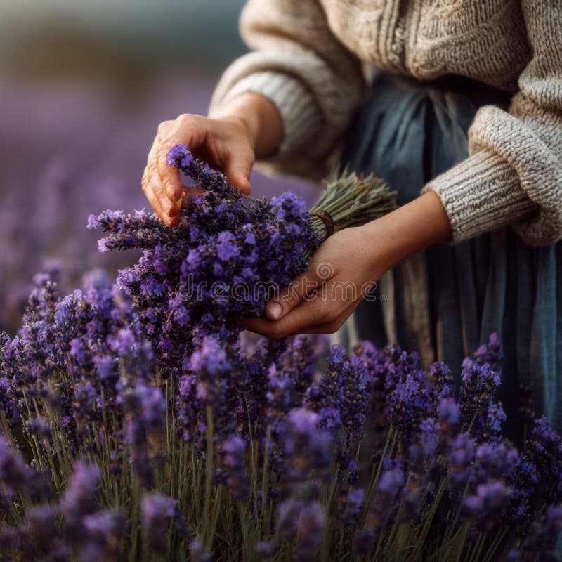 Woman Harvesting Lavender i ett lila fält royaltyfri illustrationer
