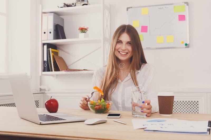 Woman Has Healthy Business Lunch in Modern Office Interior Stock Photo ...