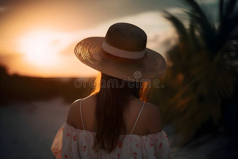 Woman in a hat on vacation at sunset in the tropics, Generative AI stock illustration