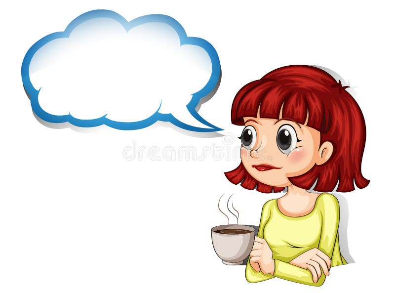A woman having her cup of coffee with an empty cloud template royalty free illustration A woman having her cup of coffee with an empty cloud template royalty free illustration