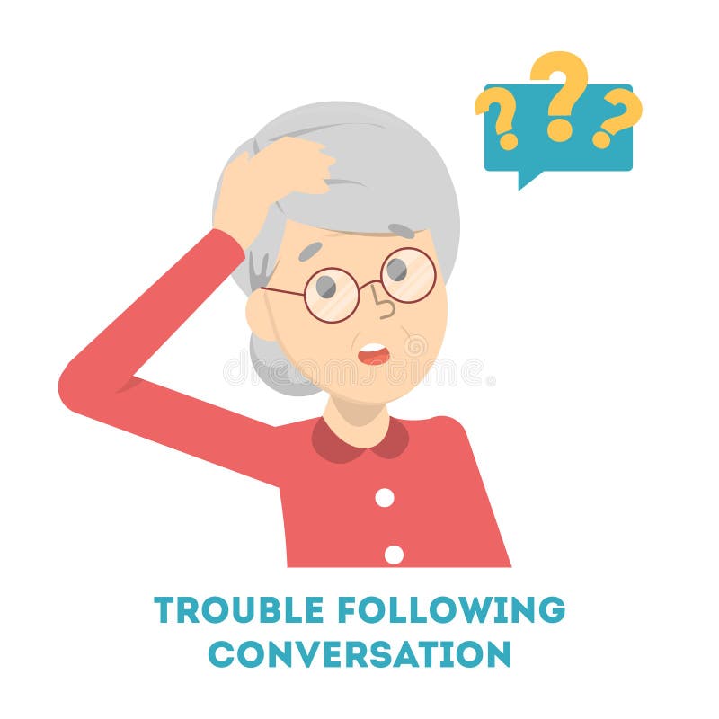 Woman having trouble in following the conversation stock illustration Woman having trouble in following the conversation stock illustration