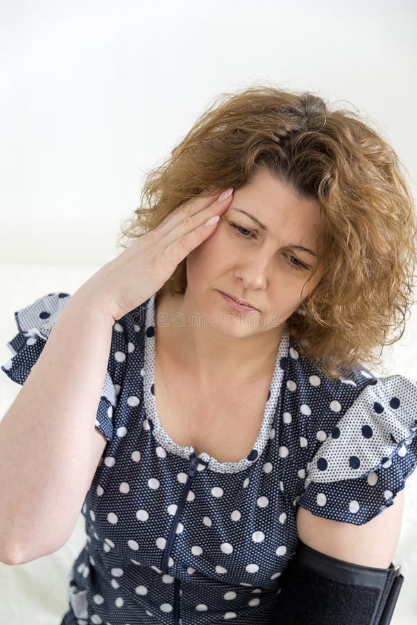 Woman with Headache Measures Blood Pressure Stock Photo Image of