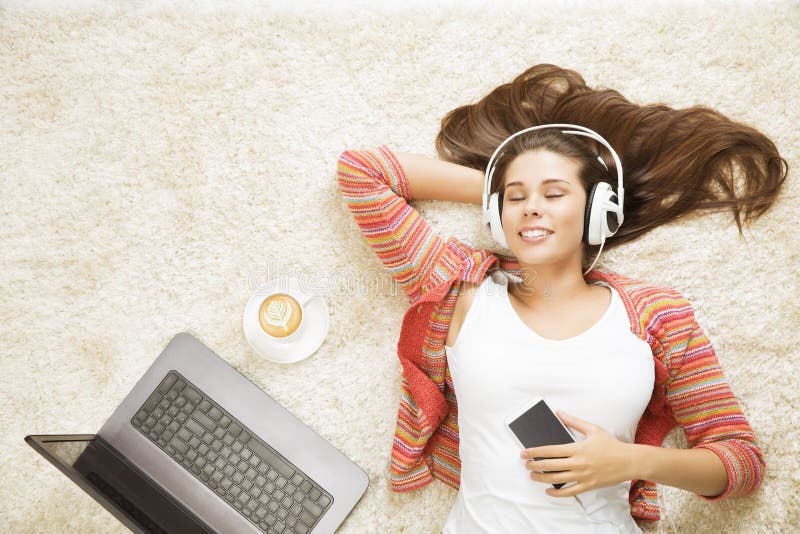 Woman in Headphones Listening to Music, Girl with Mobile Phone