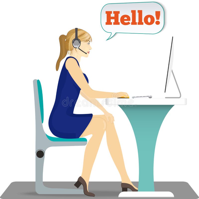 Woman with headset on her head sitting on a chair at the table and working on the PC. Illustration is not a white background