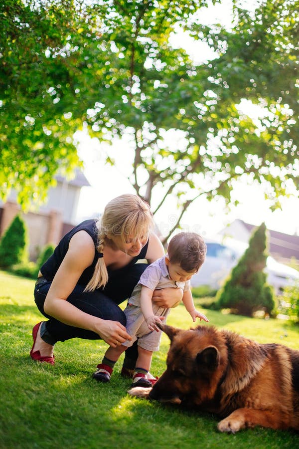 Woman and her little baby playing with dog royalty free stock photo Woman and her little baby playing with dog royalty free stock photo