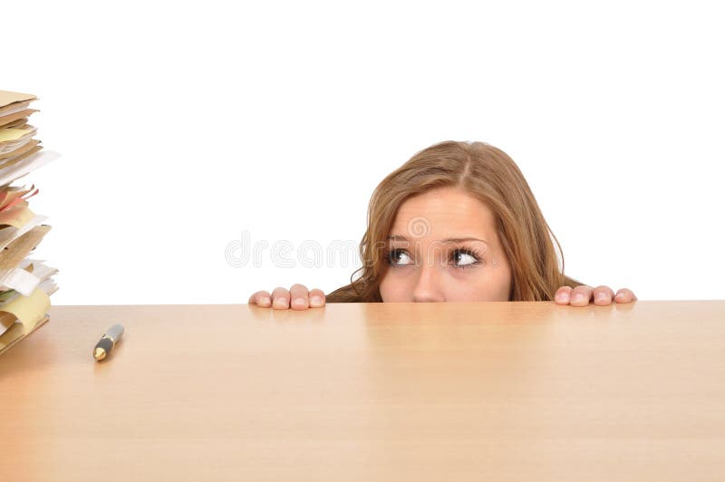 Woman Hiding Behind the Desk Stock Photo Image of distrust, chaotic