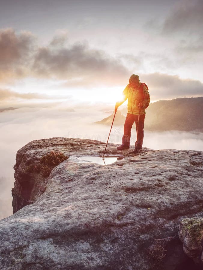 Woman Hiker on Extreme Trail in Rocks Enjoy Amazing View Stock Photo ...