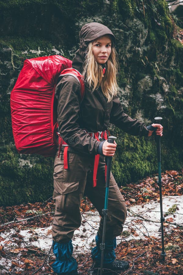 Woman Hiker with Red Backpack Traveling Stock Photo - Image of leisure ...
