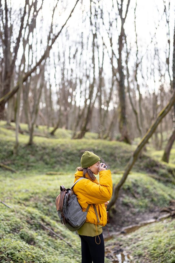 Woman In Hiking Clothes With Camera In Forest Stock Photo Image Of Travel,  Trekking: 217186842