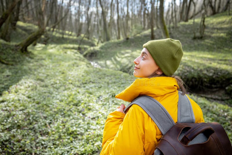 Woman In Hiking Clothes With Camera In Forest Stock Photo Image Of Travel,  Trekking: 217186842