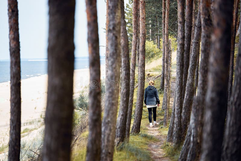Woman hiking in forest along seashore. Person actively spending vacations. Summer trip. Enjoying walking at sea coast. Outdoor royalty free stock photography