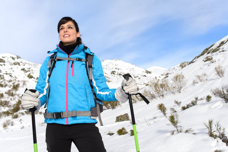 Woman Hiking on Snowy Mountain Stock Image Image of female, caucasian