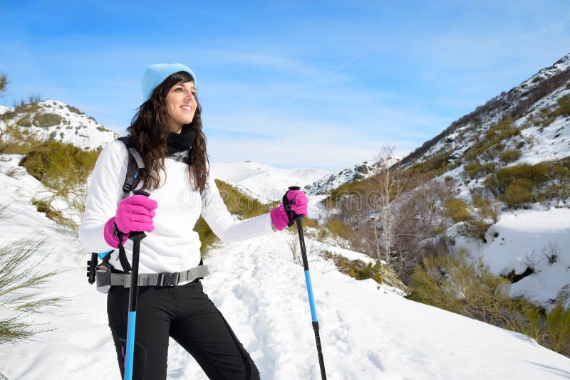 Woman Winter Hiking In Snowy Track Stock Photo Image Of Outfit