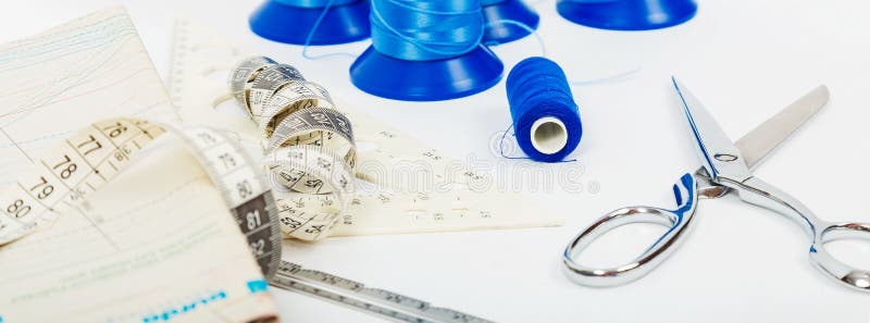 Woman Hobby. Set for Tailor Shop with Scissors, Pattern, Sewing Tools, Blue  Fabric on White Background Top View Copy Space Stock Photo - Image of  designer, flat: 230711820