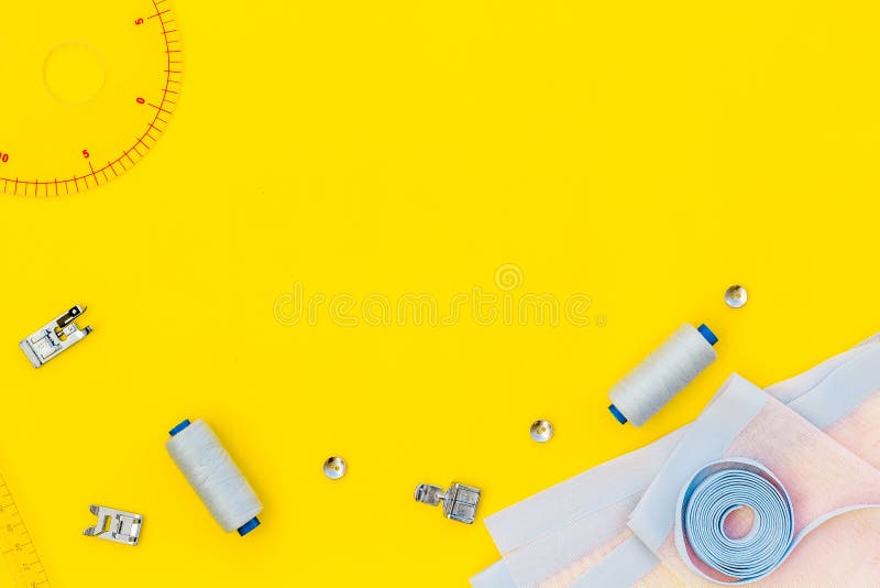 Woman Hobby. Set for Tailor Shop with Thread, Fabric on Yellow Background  Top View Copy Space Stock Photo - Image of scissors, background: 136529300
