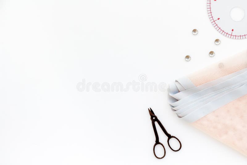 Woman Hobby. Set for Tailor Shop with Thread, Scissors, Fabric on White  Background Top View Copy Space Stock Image - Image of ribbon, lifestyle:  136529493