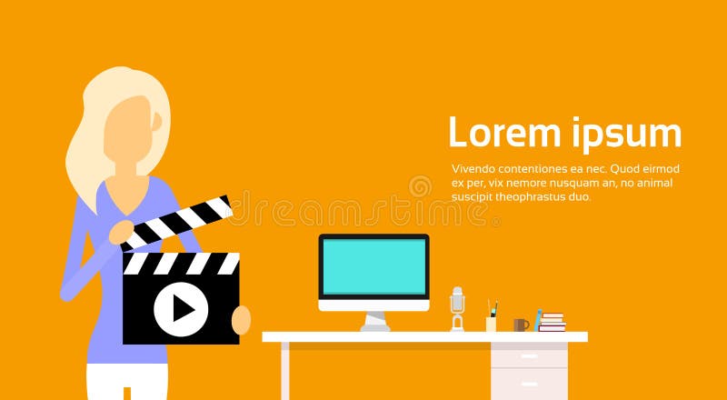 Woman Hold Flapper Desktop Workplace Background Video Blogging Concept stock illustration