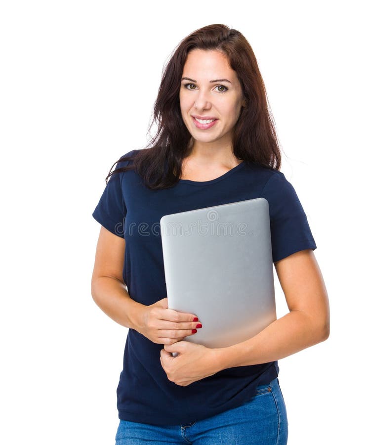 Woman Hold with Laptop Computer Stock Photo Image of clothes, blue