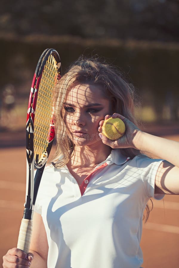 Woman Hold Racket And Ball On Lawn Sensual Woman On Tennis Court Tennis Player Training On