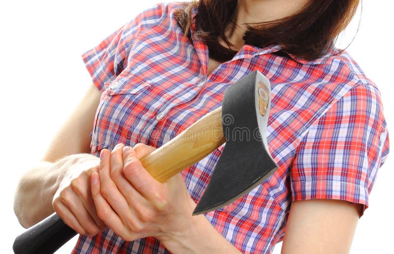Woman holding axe in hand stock photo. Image of industrial 61285876