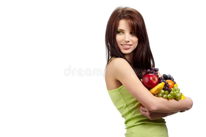 Woman holding bag full healthy food