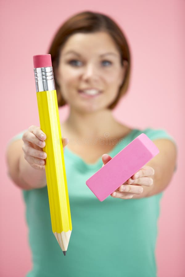 Woman Holding Big Pencil and Eraser Stock Image Image of vertical