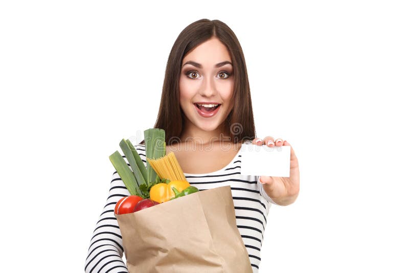 Woman holding blank card